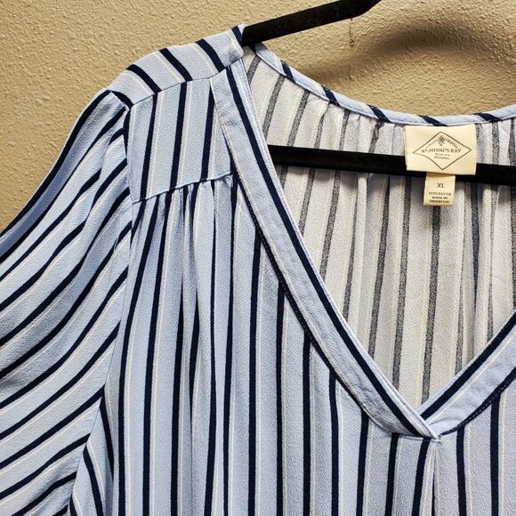 St John’s Bay Shirt Womens XL Blue White Striped V Neck 3/4 Sleeve Blouse Rayon - Picture 1 of 10